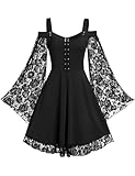 Vestito Gotico Donna Halloween Carnevale con Maniche Lunghe in Pizzo Abito Gotico Spalle Scoperte Costume Strega Donna Punk Vintage Vestito Medievale Vittoriano Vestiti Donna Autunno Nero L