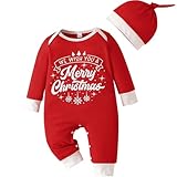 Il mio primo vestito di Natale con cappello Tutina neonato Bambino Bambina Vestiti di Buon Natale Neonato Tutina intera (Rosso, 12-18 mesi)