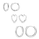 Orecchini d argento 925 Ladies, 3Pair Silver Hoop Set Love Heart Sterling Silver 925 Hoops Small Earrings Rhinestone Cubic Zirconia, Hypoallergenic Hoops Huggies Creoles Sleeping Small Ladies Girls