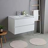 Kiamami Valentina - Mobile Bagno Sospeso 80cm con Lavabo in Ceramica | Bianco Effetto Legno | 2 Cassetti Spaziosi | Mobile sospeso Lavandino Bagno, Senza Specchio