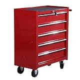 HOMCOM Carrello Porta Utensili con 5 Cassetti, Serratura, 2 Chiavi e Manubrio Parete Smontabile 2 Ruote con Freno in Lamiera d Acciaio EVA Rosso 67,5x33x77cm