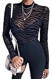 NBBNYJ Body da Donna a Maniche Lunghe Collo a lupetto Pizzo Trasparente Elegante Stampa zebrata Sexy Lingerie Bodysuit