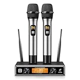 TONOR Microfono radio wireless UHF professionale dinamico doppio microfono senza fili, sistema microfono a mano, set per karaoke, feste, DJ, chiesa, matrimonio, riunione, 60 metri, TW820, grigio