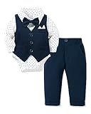 Amissz Costume Neonato Bambino, Bimbo Completo Abiti da Battesimo Matrimonio Maniche Lunghe Camicia Body + Gilet e Pantaloni Blu navy 3-6 mesi