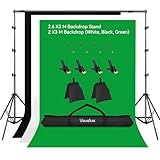 Vevelux Kit Supporto Fondale Sfondo Fotografico 2,6 X 3 M Regolabile, piu Tre Teli in Poliestere (Bianco, Nero, Verde) e 8 Clip per Studio Fotografico, Video e Ritratti