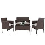 Arreditaly Set Di Mobili da Giardino Salotto Salottino in Rattan 4 Posti con Tavolino E Ripiano In Vetro 2 Poltrone e Divano 2 Posti Per Giardino Esterno Piscina Cuscini Sfoderabili (Brown)