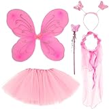 BDSHUNBF 5Pcs Costume Fata Ragazza Vestito Principessa Farfalla con Ali Gonna Tutù Fascia,Fata Costume per Ragazze Costume da Farfalla per Bambina,Capelli Costumi Angelo Vestito Principessa Bambina