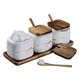 Set Zuccheriera in Ceramica, 3 pz Condimento Box con Coperchio e Cucchiaio e Vassoio, Jar, Scatola, Barattolo Utensili da Cucina Forniture per Spezie, Bianca