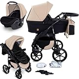 GaGaDumi Boston Passeggino Trio 3 in 1 - Carrozzina Passeggino e Seggiolino Auto Sistema di Viaggio Completo per Neonato e Bambino Leggero e Compatt Include Accessori Beige Nero