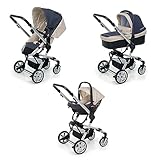 Foppapedretti Trio Supertres I-Size, Sistema Modulare Combinato per Bambini, Navicella Passeggino e Seggiolino auto I-Size, Maniglione e Poggiagambe Regolabili, conforme ECE R129, Denim Perla