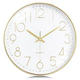 Lafocuse Orologio da Parete Oro Silenzioso Moderno, Numeri 3D Facile da Leggere, Classico Orologio Quarzo senza Ticchettio per Cucina Camera da Letto Soggiorno Ufficio 30cm