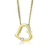 Orovi Collana Cuore in Oro Giallo con Diamante Naturale, Oro Vero 18KT 750, Catena con Pendente Cuore Lucido arricchito di Brillante Ciondolo e Catena anallergici. Catenina lunga Cm. 45.