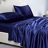 Jemiipee Completo Lenzuola Raso Matrimoniale Tinta Unita 180x200x36 cm - Lenzuola Sotto con Angoli Matrimoniali, Lenzuolo Sopra, 2 Federe - Biancheria da Letto Satin 4 Pezzi - Blu Navy