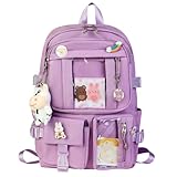 HORHEAR Zaino Kawaii con Accessori Graziosi Pin, Kawaii Peluche Giocattolo Animale Pin e Carta dei Cartoni Animati, Kawaii Backpack, Zaino Scolastico(Stile-2-Viola)