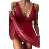 Joligiao Babydoll Donna Lingerie Sexy Trasparente Camicia da Notte in Pizzo e G-String Set Scollo a V Babydoll Pigiama Vestaglia Lace Intima da Notte Sleepwear Abito Chemise (Rosso,M)