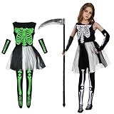 KYOEOE Costume da scheletro ragazza bagliore nel buio con falce, Halloween mietitore triste costume bambini mietitore costume per Halloween carnevale vestire festa