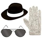 MA ONLINE Set di berretto da gangster con occhiali e guanti per adulti, per cosplay, taglia unica Black Hat Glasses Gloves Set taglia unica Fits Most