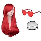 AOMIG Capelli Lunghi Mossi Ricci, 3 Pcs Parrucca Rossa Lunga Parrucche Donna rossa con Occhiali e Retine per Parrucche, Parrucche a Onde Lunghe Parrucca Sintetica per Cosplay, Festa, Uso Quotidiano