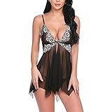 Babydoll Lingerie Sexy Intimo Donna Biancheria Intima Confortevole Stile-Anteriore Aperto Grande Size Pizzo Lace Lingerie Scollo a V Babydoll Camicia da Notte Aperta Davanti Abito Chemise(Nero,XL)