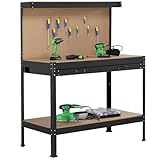 Bakaji Banco da Lavoro Officina Porta Utensili Bancone Struttura in Metallo Piani in Legno MDF con Parete Ganci Portattrezzi Cassetto e Ripiani Colore Nero Dimensione Tavolo 90 x 48 x 140 cm