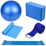 5Pcs Set di Yoga,Blocchi Yoga,Training Bande Elastici Fitness,Fasce Elastiche Fitness,Cinghia Yoga Cotone,Piccola Palla Pilates Set Principianti e Avanzati per Fitness Yoga e Pilates, Palestra (Blu)