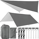 ZHHGOO Tarp Campeggio, 3x3m Telo per Tenda Impermeabile Accessori Campeggio, Tenda Parasole Protezione UV Ultra Leggero con 6 Chiodi e 6 Corde del Vento, per Campeggio, Trekking, Spiaggia, Picnic