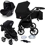 GaGaDumi Boston Passeggino Trio 3 in 1 - Carrozzina Passeggino e Seggiolino Auto Sistema di Viaggio Completo per Neonato e Bambino Leggero e Compatt Include Accessori Nero