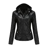 Parkourer Giacca Corta da Donna in Pelle PU con Cappuccio Giacca da Donna in Caldo Pile Giubbino Pelle Donna Elegante Giubbino Giacchetto Casual in Simil Pelle, Nero-1, L