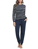 Bresdk Pigiama Donna Cotone Lungo Manica Lunga Leggeri Pigiami Due Pezzi Invernale Caldo Collo Rotondo Strisce Striped Pajamas, Strisce - Blu Scuro, S