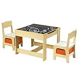 COSTWAY Tavolino Bambini, Set Tavolo e Sedie per Bambini in Legno, Scrivania Tavolino Multiuso con Sgabelli, con Lavagna Cassetti e Contenitore