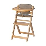 Bebeconfort Timba + Cuscino, Seggiolone Pappa in Legno, 6 mesi-10 anni, 30 kg, con Vassoio, Seduta/Poggiapiedi Regolabili, Compatibile con Sdraietta Timba Baby, Colore Legno Naturale + Beige