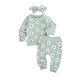 Geagodelia Completini da Neonate Set di Abbigliamento Colletto Tondo Stampa Fiore Margherita Set Felpe a Maniche Lunghe Top + Pantaloni 0-24M (Verde, 6-12 Mesi)