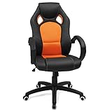 SONGMICS Poltrona Girevole Sedia Direzionale Ergonomica da Ufficio Studio Regolabile con Rotelle OBG56BO, Ecopelle, Nero E Arancione, 6464（107-117）