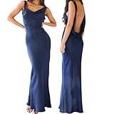 MAHUAOYIXI Vestito Maxi Lungo Donna Elegante Senza Schienale Vestito da Cocktail Senza Maniche Donna Slim Vita Alta Abito da Sera Donna Vestito Donna Sexy Senza Manica (Marina, L)