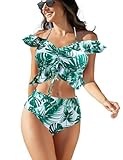 JFAN Costume da Bagno Donna off Shoulder Due Pezzi Bikini A Vita Alta Bottom Increspato Stampa Floreale Halter Ruffle Coordinati Leaf Verde M