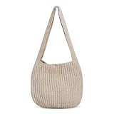 FuninCrea Borsa a maglia Tote Bag, borsa in poliestere Crochet a mano per le donne, grande tessitura borsa con tracolla larga, borsa a tracolla multiuso con scatto per viaggio, cachi