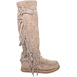 Stivali Donna Indianini Taupe Scamosciati con Frange Zeppa Interna 5 cm Cinturino Fibbia Altezza Ginocchio Moda Ibiza (36 EU)