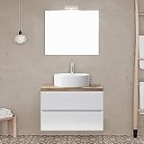 Mobile Bagno sospeso 60 cm Bianco con Top Rovere Naturale per lavabo d’appoggio, 2 cassettoni Soft-Close, Specchio LED Reversibile 60x80 cm, Town