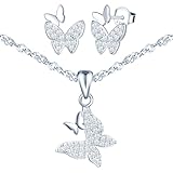 CPSLOVE Elegante Parure di Gioielli di Farfalla in Argento 925 da Donna Moda Ciondoli Collane a Orecchini di Doppia Farfalla con Zirconi Creativa Collana Corta da Ragazza