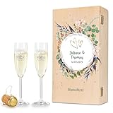 Leonardo - Calici da champagne incisi - Matrimonio floreale - personalizzati con nome e data - con scatola di legno - come regalo di fidanzamento - il regalo di nozze perfetto