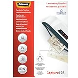 Fellowes Pouches per plastificazione per documenti, formato A5, finitura lucida, confezione da 25 pezzi, 250 micron, 2x125 micron, Finitura di alta qualità, adatti per foto e avvisi