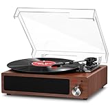 Giradischi Vinile, FYDEE Giradischi Portatile Vintage Bluetooth con 3 Velocità 33/45/78 RPM e 2 Altoparlanti Incorporati, Lettore di Vinile Retro Supporto per Cuffie, RCA, AUX - Noce