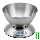 ETEKCITY Bilancia Cucina Digitale, Elettronica in Acciaio Inossidabile 5kg/ 11lb con Ciotola Rimovibile, Funzione Tare, Timer Allarme, Indicatore Temperatura, Display LCD, Argento