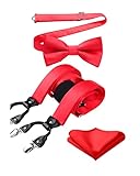 HISDERN Bretelle Uomo Eleganti Set Papillon e Bretelle Fazzoletto Rosso Larghezza Regolabile Forma a Y Elastica Braces