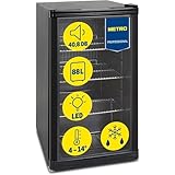 METRO Professional Mini Frigo per Bevande GPC1088 Con Porta in Vetro, 220-240V, 3 Ripiani Regolabili, Frigo Bar Silenzioso con Illuminazione LED, Frigo Da Ufficio, Bar, Gastronomia (Nero, 88 L)