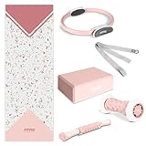 Fitfiu Fitness KITWELL-601 - Kit 6 Accessori Yoga e Pilates Colore Rosa Che Include Tappetino, Cerchio, Blocco, massaggiatore per Piedi, Barra massaggiante e Cinghia per Yoga, Design Geometrico Unico