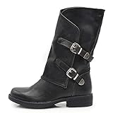 IF Fashion Scarpe da Donna Stivali Stivaletti Biker Fibbie Anfibi Polpaccio Largo G620 Nero 38