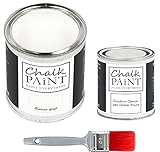 CHALK PAINT EVERYTHING Bianco Gesso & FINITURA + PENNELLO - Kit Pronto Vernicia e Proteggi (750 ml Colore + 250 ml Finitura + Pennello Professionale 40 mm)