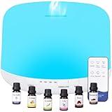 500ML Diffusore di Oli Essenziali con 6 * 10ml Olio Essenziale e Telecomando, Aromaterapia Diffusore di Aromi Senza BPA, Ultrasuoni Umidificatore con 7 Colori LED, Spegnimento Automatico,Bianco