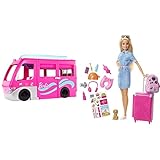 Barbie Camper dei Sogni - Veicolo con Scivolo e Piscina - 2 Cuccioli - 7 Aree Gioco - Alto 76 cm - 60+ Accessori - per Bambini 3+ Anni & Set da Viaggio - Bambola con Valigia Apribile e Cucciolo